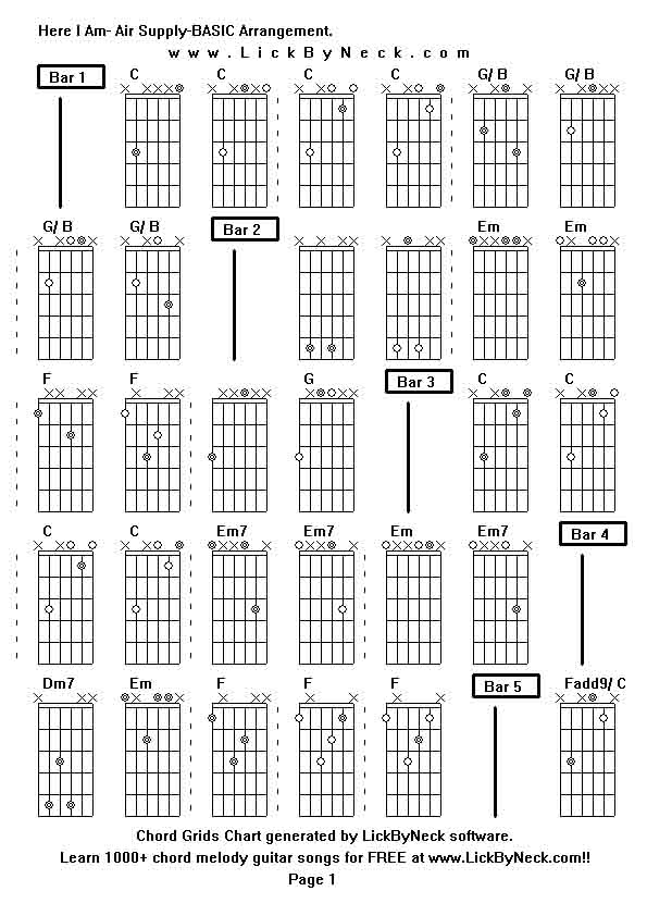 Chord Grids Chart of chord melody fingerstyle guitar song-Here I Am- Air Supply-BASIC Arrangement,generated by LickByNeck software.